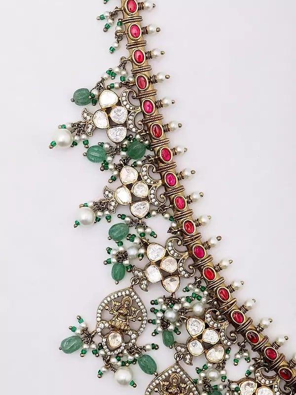 Exotic India Goddess Lakshmi Moissanite Polki Kundan Studded Necklace Set With Earrings 