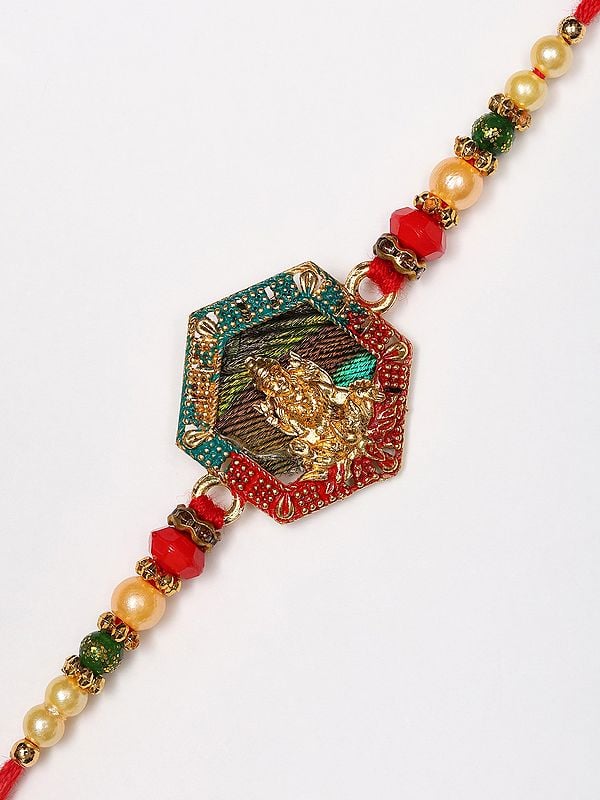 Exotic India Goddess Lakshmi Religious Rakhi With Colorful Beads And Thread 