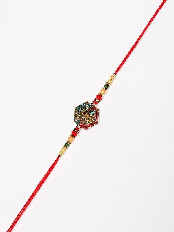 Exotic India Goddess Lakshmi Religious Rakhi With Colorful Beads And Thread 