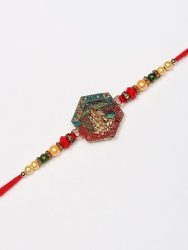 exotic india Goddess Lakshmi Religious Rakhi with Colorful Beads and Thread 