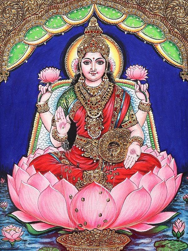 Exotic India Goddess Lakshmi Seated On Lotus | Tanjore Painting | With Frame 