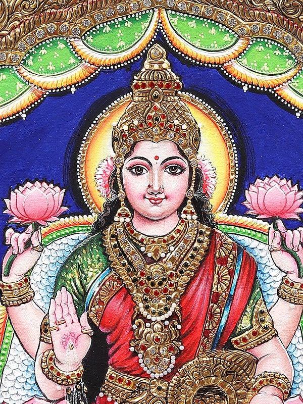 Exotic India Goddess Lakshmi Seated On Lotus | Tanjore Painting | With Frame 