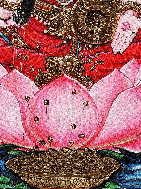 Exotic India Goddess Lakshmi Seated On Lotus | Tanjore Painting | With Frame 