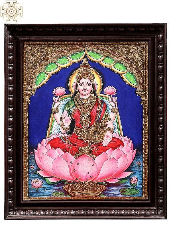 exotic india Goddess Lakshmi Seated on Lotus | Tanjore Painting | With Frame 