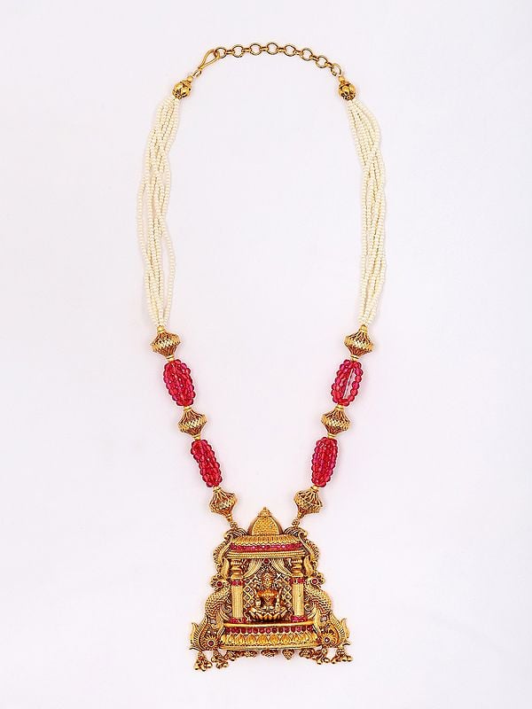 Exotic India Goddess Lakshmi Temple Necklace Set With Earrings 