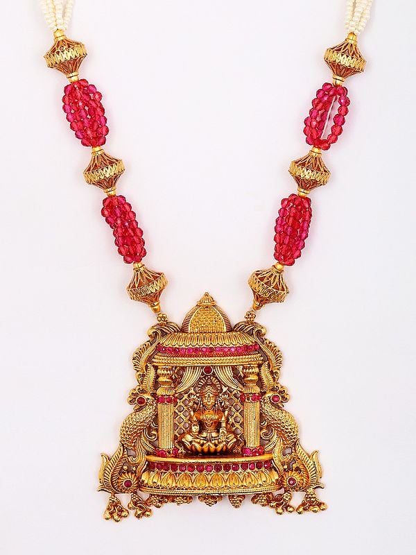 Exotic India Goddess Lakshmi Temple Necklace Set With Earrings 
