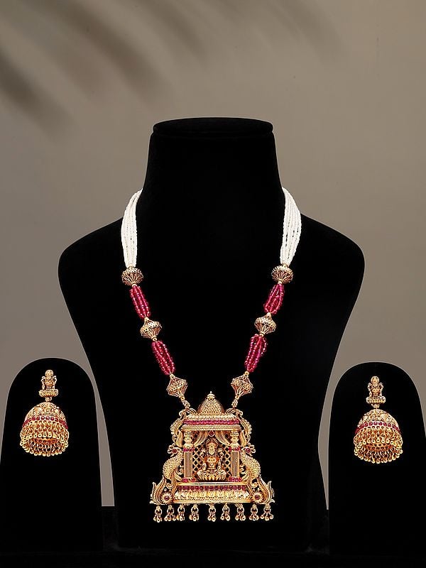 exotic india Goddess Lakshmi Temple Necklace Set with Earrings