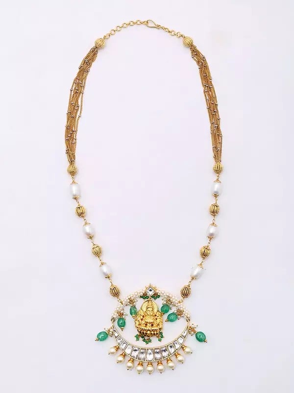 exotic india Goddess Lakshmi Temple Necklace with Pearl Drops 