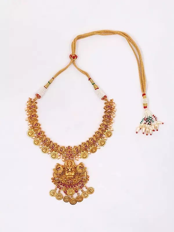 Exotic India Goddess Lakshmi Traditional South Indian Brass Necklace And Earrings Set 