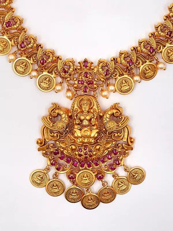 Exotic India Goddess Lakshmi Traditional South Indian Brass Necklace And Earrings Set 