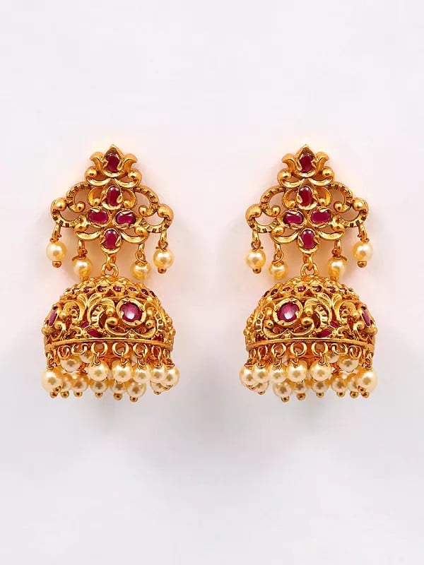 Exotic India Goddess Lakshmi Traditional South Indian Brass Necklace And Earrings Set 