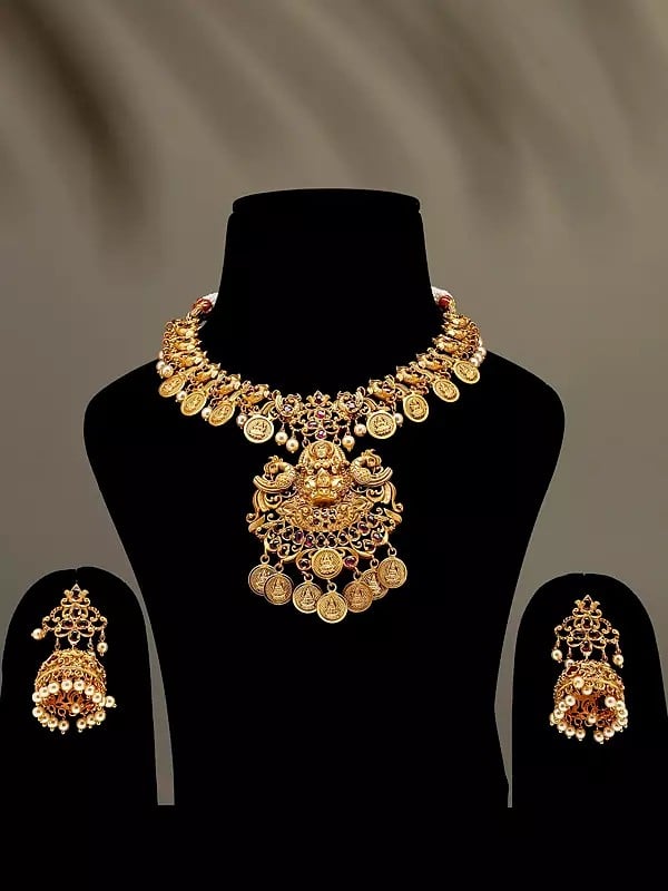exotic india Goddess Lakshmi Traditional South Indian Brass Necklace and Earrings Set 