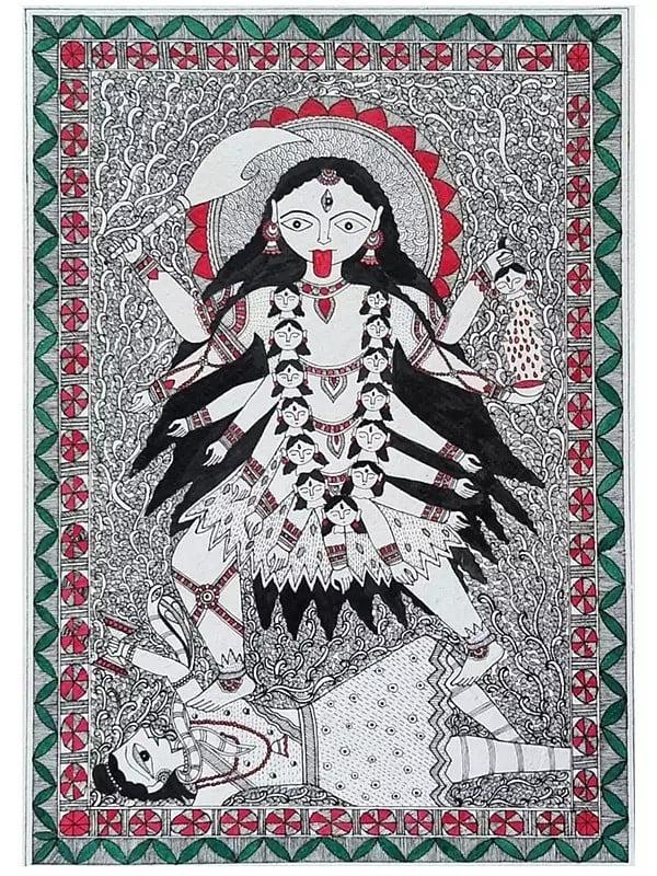 exotic india Goddess Mahakali Standing On Shiva | Acrylic On Handmade Paper | By Pallavi 