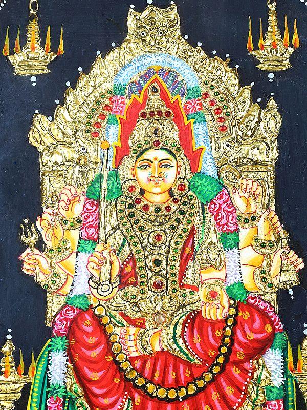 Exotic India Goddess Mariamman Seated On Kritimukha Throne | 24 Karat Gold Work | Framed Tanjore Painting 