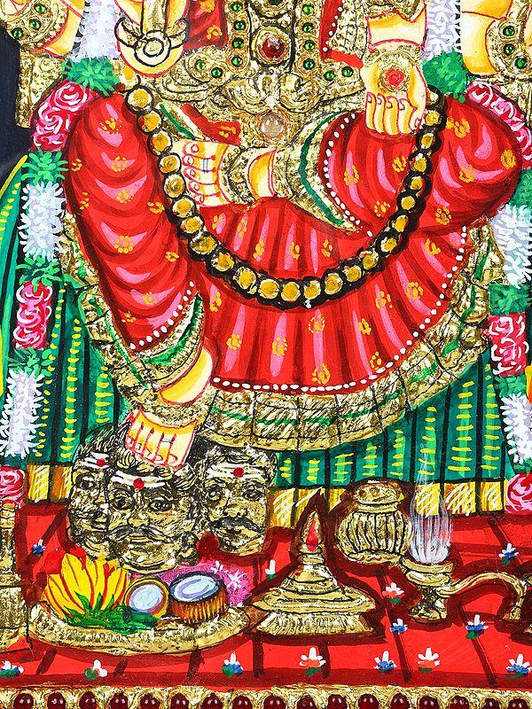 Exotic India Goddess Mariamman Seated On Kritimukha Throne | 24 Karat Gold Work | Framed Tanjore Painting 