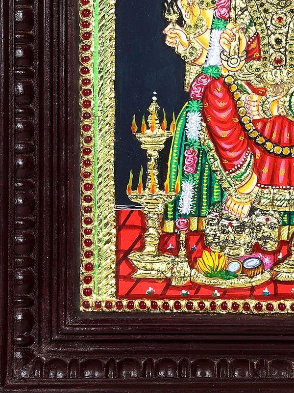 Exotic India Goddess Mariamman Seated On Kritimukha Throne | 24 Karat Gold Work | Framed Tanjore Painting 