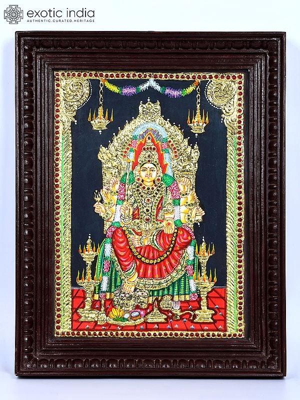 exotic india Goddess Mariamman Seated on Kritimukha Throne | 24 Karat Gold Work | Framed Tanjore Painting 