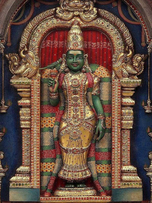 Exotic India Goddess Meenakshi | 22 Karat Gold Embossed Work | Arch Shape Teakwood Frame