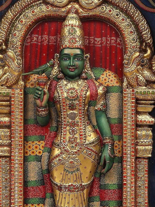 Exotic India Goddess Meenakshi | 22 Karat Gold Embossed Work | Arch Shape Teakwood Frame