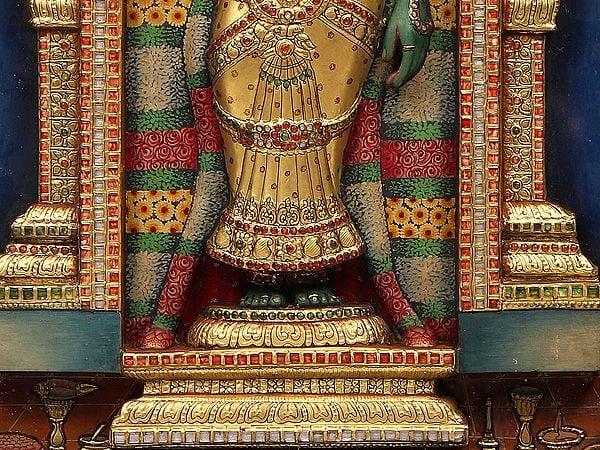 Exotic India Goddess Meenakshi | 22 Karat Gold Embossed Work | Arch Shape Teakwood Frame