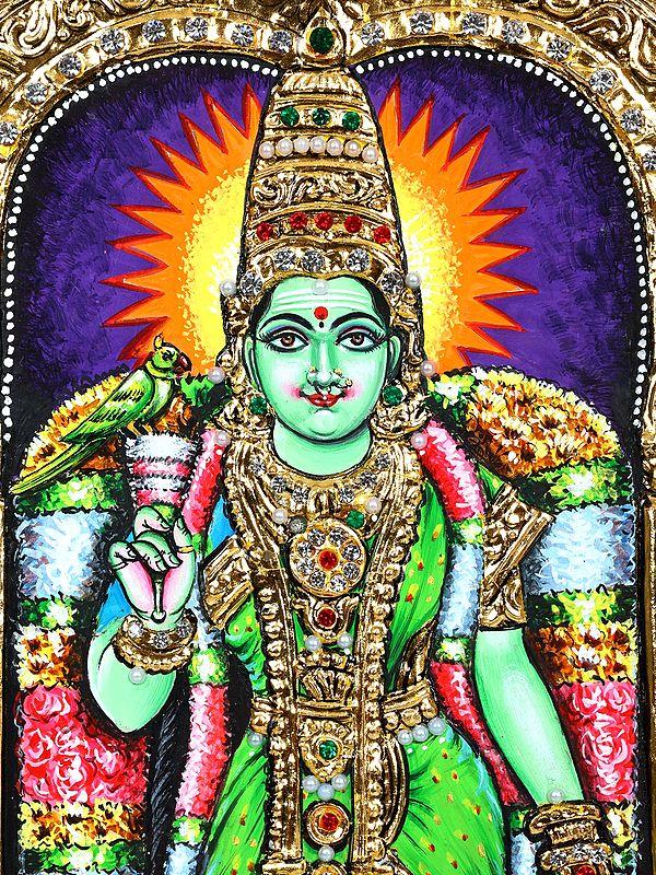 Exotic India Goddess Meenakshi | 24 Karat Gold Work | Framed Tanjore Painting 