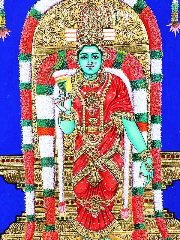 Exotic India Goddess Meenakshi | 24 Karat Gold Work | Framed Tanjore Painting 