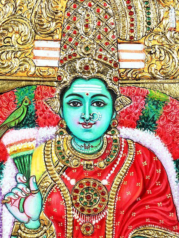 Exotic India Goddess Meenakshi | 24 Karat Gold Work | Framed Tanjore Painting 