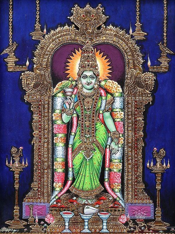 Exotic India Goddess Meenakshi Tanjore Painting With Kirtimukha Arch | With Frame 