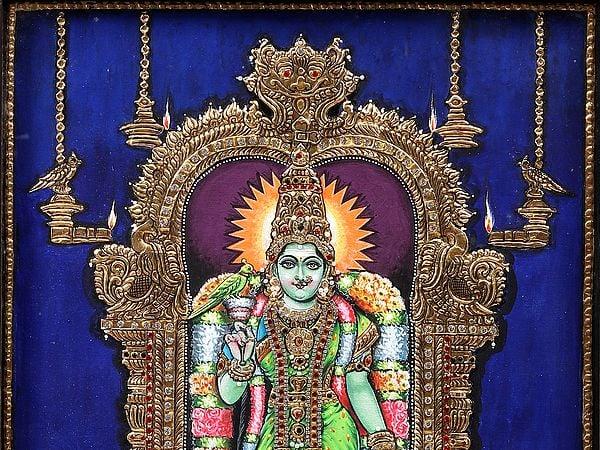 Exotic India Goddess Meenakshi Tanjore Painting With Kirtimukha Arch | With Frame 