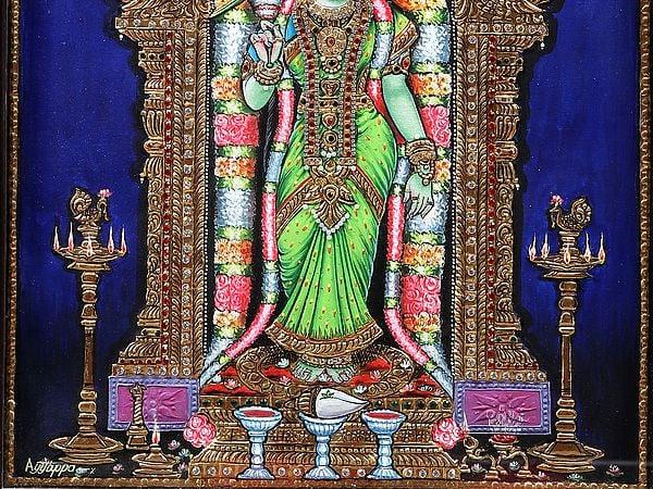 Exotic India Goddess Meenakshi Tanjore Painting With Kirtimukha Arch | With Frame 