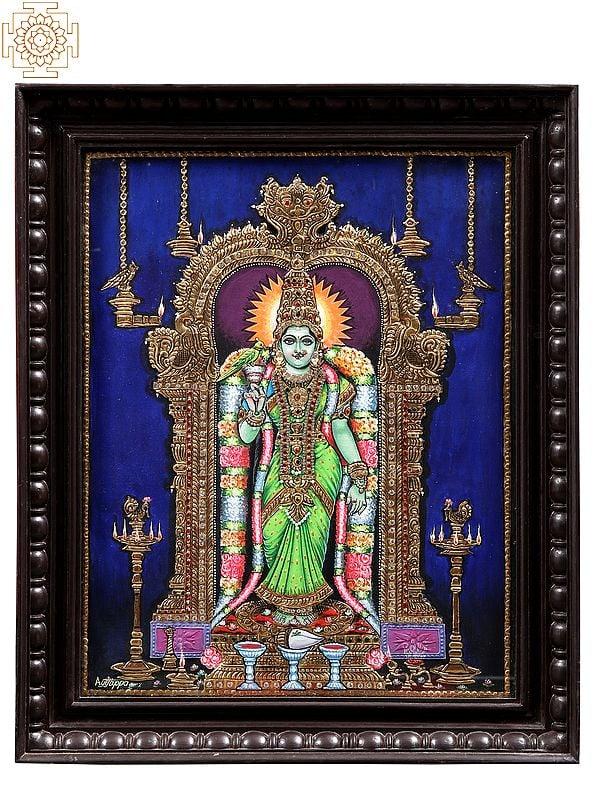 exotic india Goddess Meenakshi Tanjore Painting with Kirtimukha Arch | With Frame 