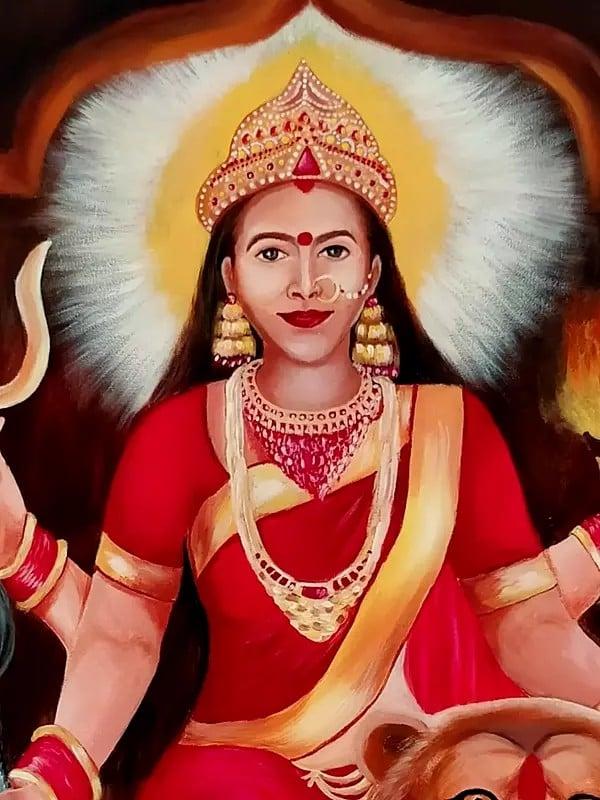 Exotic India Goddess Parvati Seated On Lion | Acrylic On Canvas | By Damini Sargam 