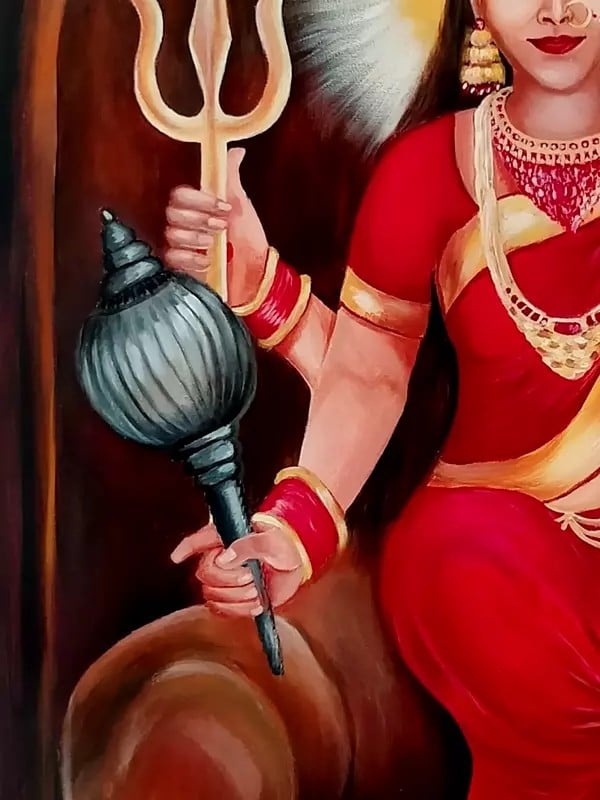 Exotic India Goddess Parvati Seated On Lion | Acrylic On Canvas | By Damini Sargam 