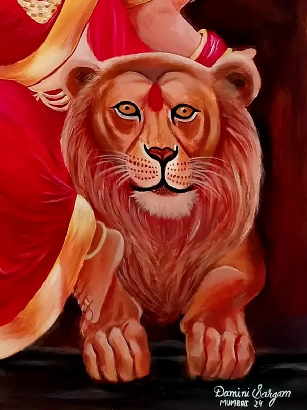 Exotic India Goddess Parvati Seated On Lion | Acrylic On Canvas | By Damini Sargam 