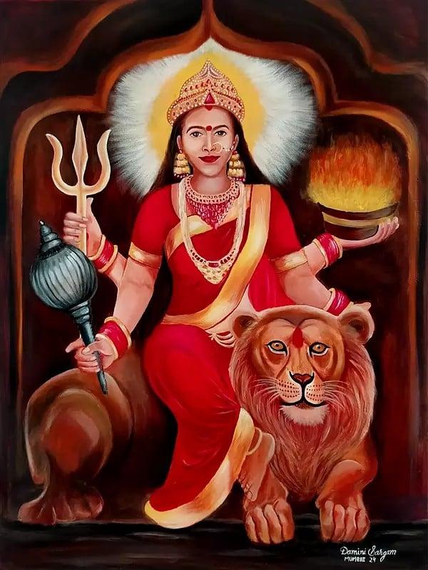 exotic india Goddess Parvati Seated On Lion | Acrylic On Canvas | By Damini Sargam 