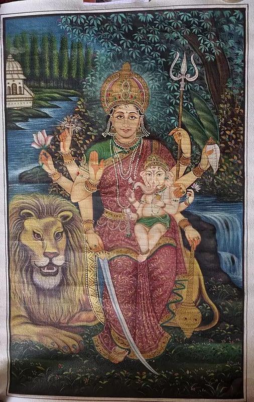 Exotic India Goddess Parvati With Baby Ganesha | Pichwai Art | Watercolor On Cotton 