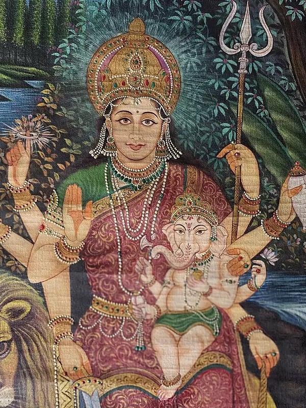 Exotic India Goddess Parvati With Baby Ganesha | Pichwai Art | Watercolor On Cotton 