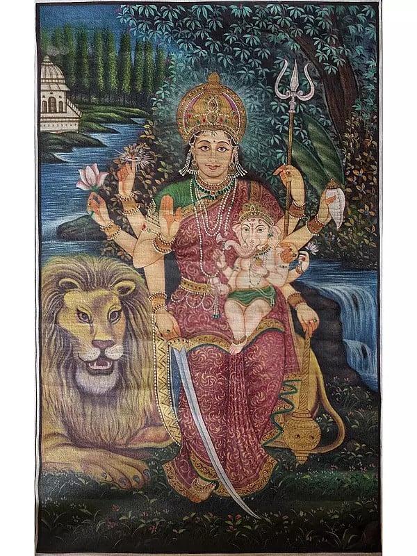 exotic india Goddess Parvati With Baby Ganesha | Pichwai Art | Watercolor On Cotton 