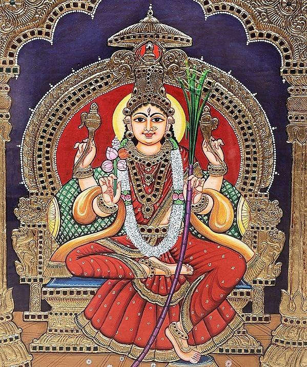 Exotic India Goddess Rajarajeshwari Tanjore Painting | Traditional Colors With 24K Gold | Teakwood Frame | Gold & Wood | Handmade | Made In India