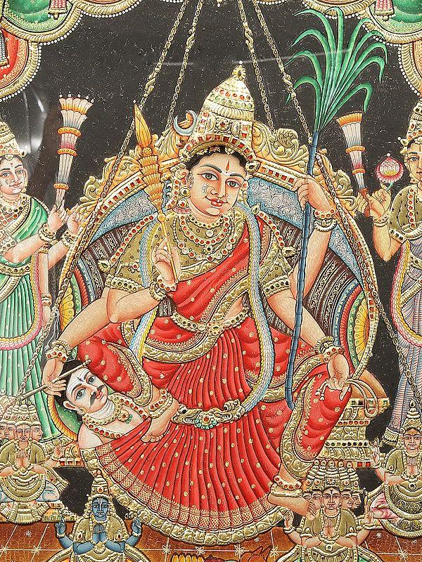 Exotic India Goddess Rajarajeshwari Tanjore Painting With Teakwood Frame