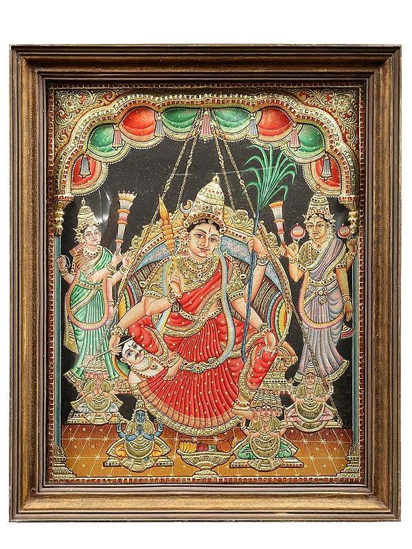 exotic india Goddess Rajarajeshwari Tanjore Painting with Teakwood Frame
