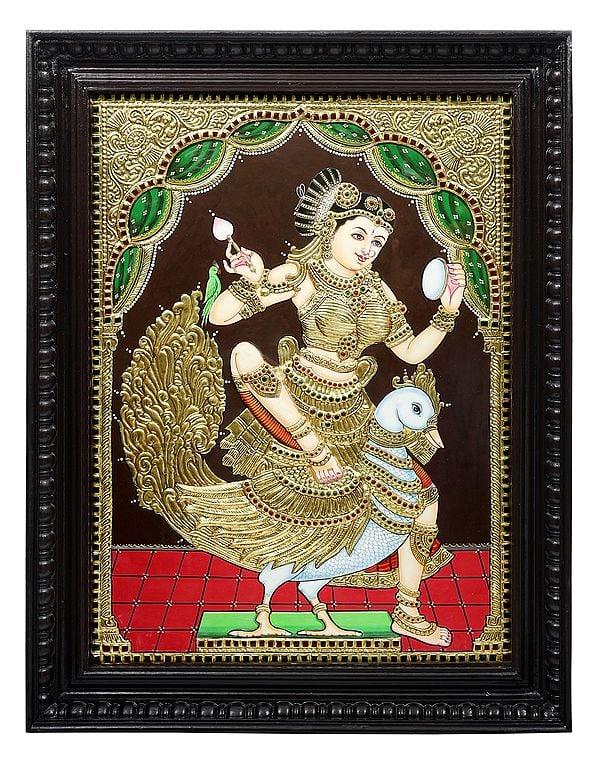 exotic india Goddess Rati | Tanjore Painting | Traditional Colors With 24K Gold | Teakwood Frame | Gold & Wood | Handmade | Made In India 