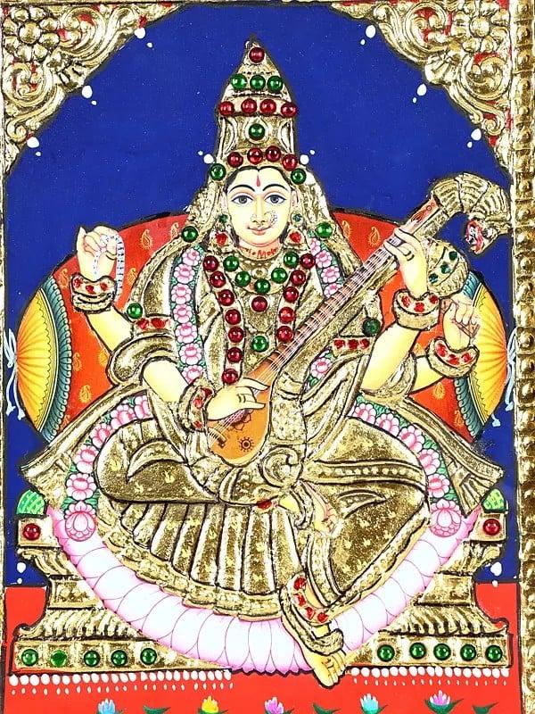 Exotic India Goddess Saraswati | 24 Karat Gold Work | Framed Tanjore Painting 