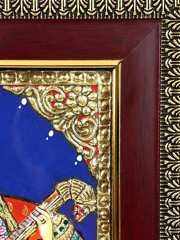 Exotic India Goddess Saraswati | 24 Karat Gold Work | Framed Tanjore Painting 