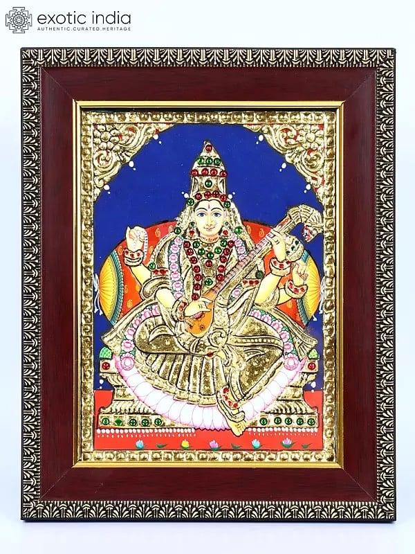 exotic india Goddess Saraswati | 24 Karat Gold Work | Framed Tanjore Painting 