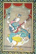exotic india Goddess Saraswati Orissa Patta Painting | Watercolor on Tussar Silk 