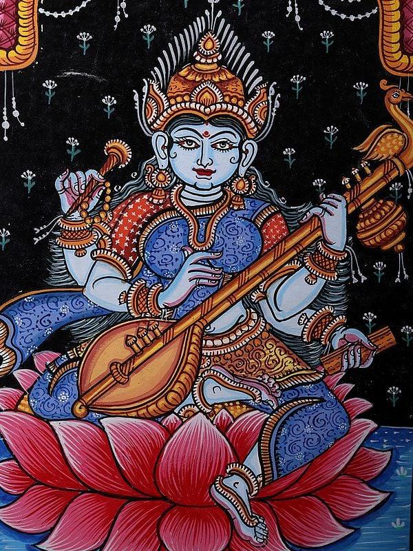Exotic India Goddess Saraswati Seated On Lotus | Pattachitra Painting From Odisha 