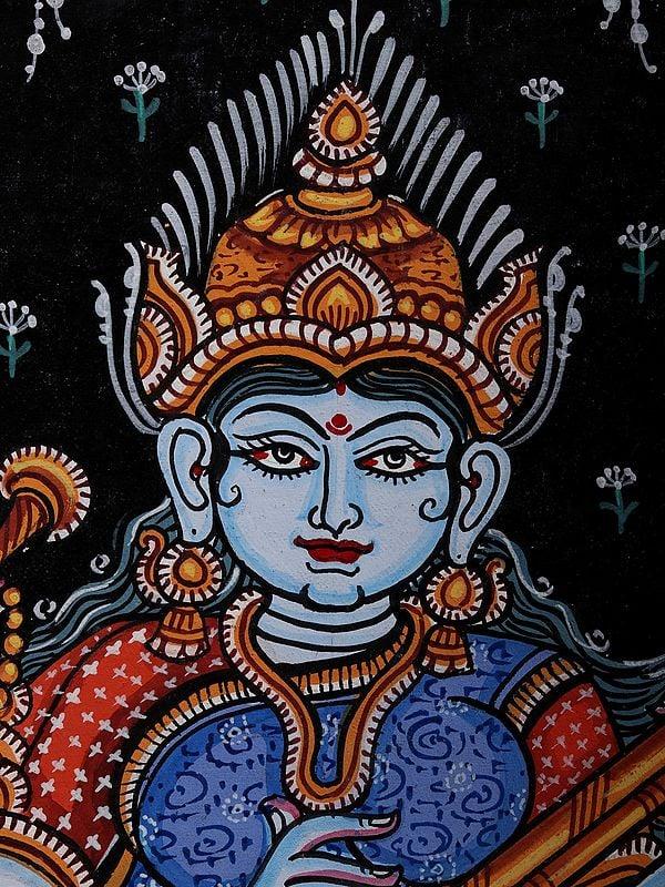 Exotic India Goddess Saraswati Seated On Lotus | Pattachitra Painting From Odisha 