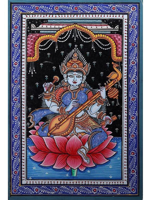 exotic india Goddess Saraswati Seated on Lotus | Pattachitra Painting from Odisha 