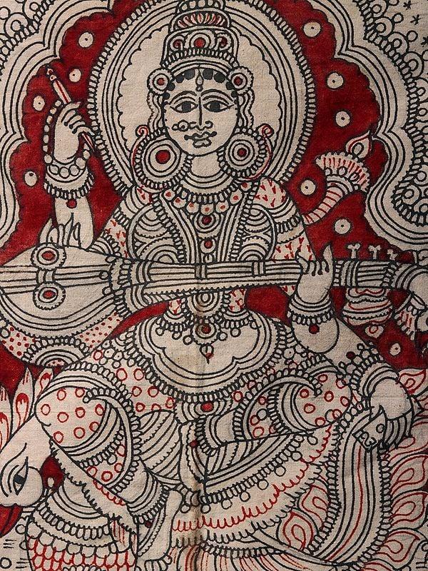 Exotic India Goddess Saraswati Seated On Swan | Kalamkari Painting 
